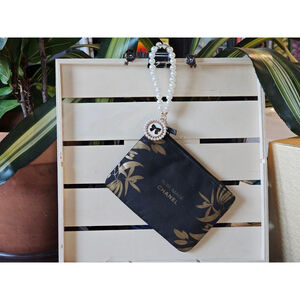 CHANEL Black/Gold Mini Pouch W/Detachable Faux Pearl Strap Handle & Charm Added